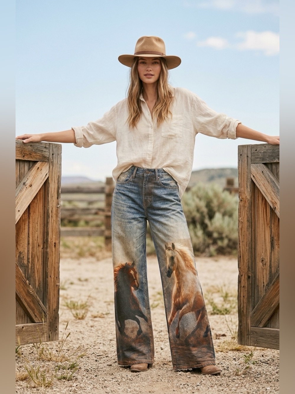 VBRT NWT Blue Wide-Leg Jeans White & Dark Horse digital Print Artwork